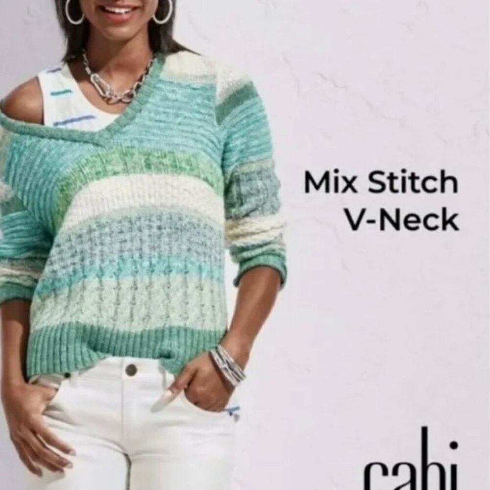 CABI Mix Stitch V-neck Pullover Sweater Mint Julep Sz XXS #6170 EUC